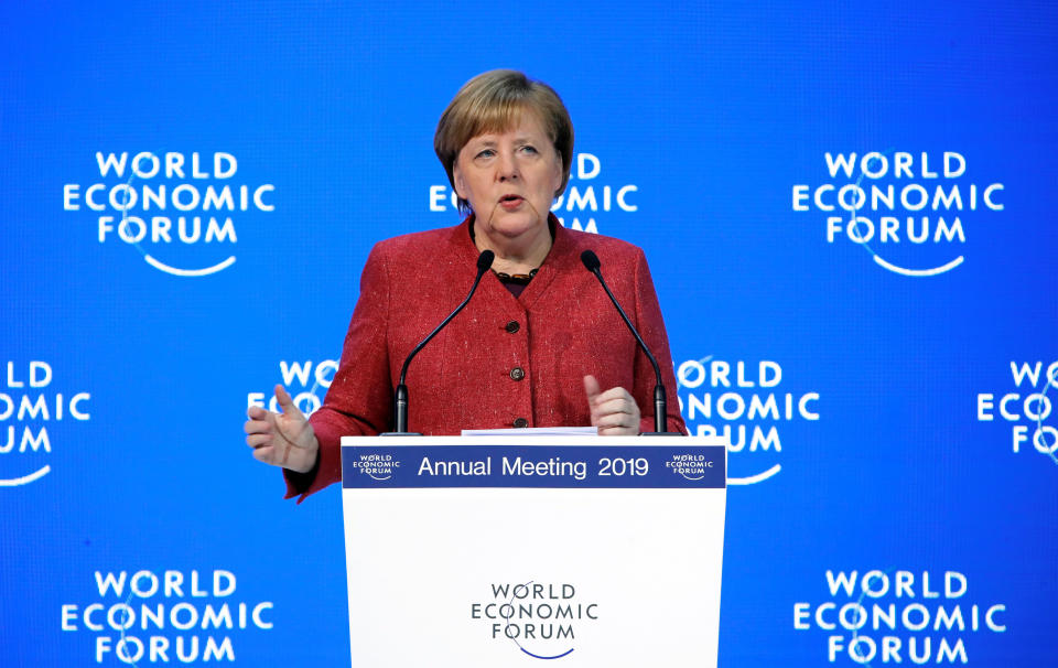 German Chancellor Angela Merkel speaks during the World Economic Forum in Davos, Switzerland, January 23, 2019. Photo: Reuters/Arnd Wiegmann