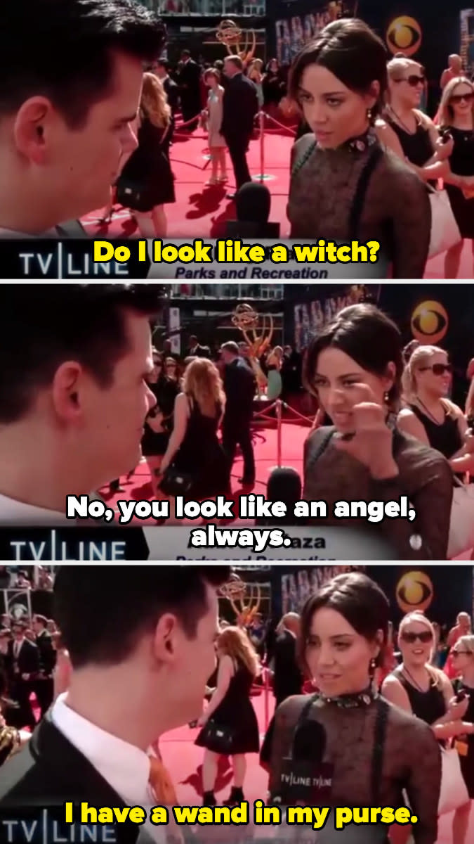 Aubrey asking the interviewer if she looks like a witch and then saying she has a wand in her purse