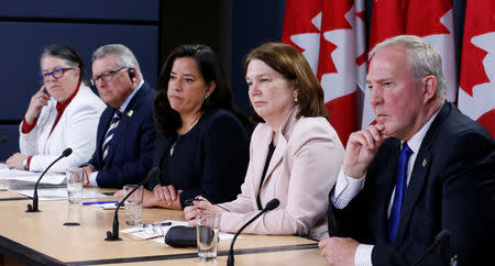 (L-R) Canada's Revenue Minister Diane Lebouthillier, Public Safety Minister Ralph Goodale, Justice Minister Jody Wilson-Raybould, Health Minister Jane Philpott and Bill Blair, the government's point man on the legalised marijuana file, take part in a news conference in Ottawa, Ontario, Canada, April 13, 2017. REUTERS/Chris Wattie