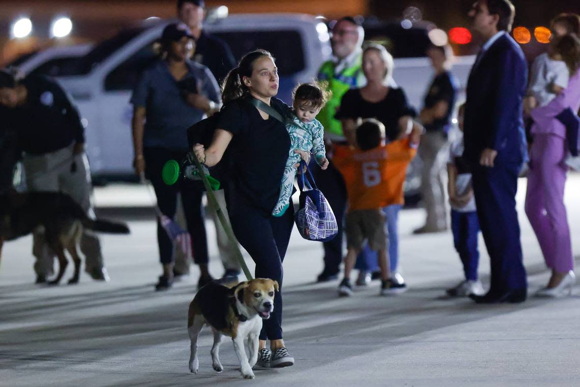 A chartered flight organized by Project Dynamo arrives at Tampa International Airport on Oct. 15, 2023. The flight had 270 evacuees from Israel, including 91 children and four dogs.