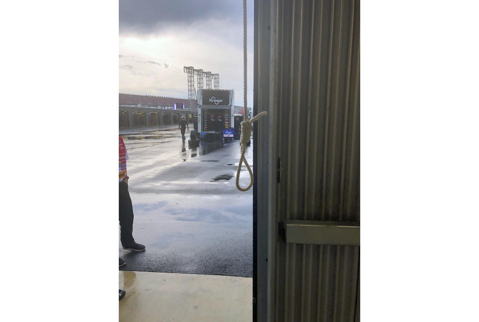 This photo provided by NASCAR shows the noose found in the garage stall of Black driver Bubba Wallace at Talladega Superspeedway in Talladega, Ala., on Sunday, June 21, 2020. The discovery prompted a federal investigation that determined the rope had been there since at least last October. (NASCAR via AP)