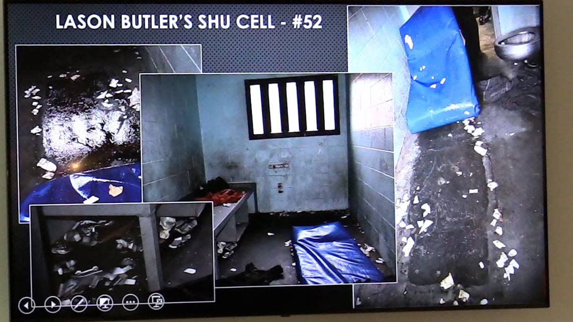 Images of Lason Butler’s jail cell, presented during a press conference at the Strom Law Firm in Columbia on Wednesday, Aug. 3, 2022. Lason Butler died while he was incarcerated at Alvin S. Glenn Detention Center.