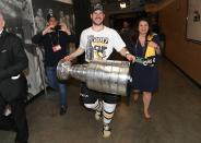 <p>Pittsburgh Penguins center Sidney Crosby brings the Stanley Cup to the locker room after defeating the Nashville Predators in Game 6 of the 2017 Stanley Cup Final at Bridgestone Arena. Credit: Dave Sandford/NHLI/Pool Photo via USA TODAY Sports </p>