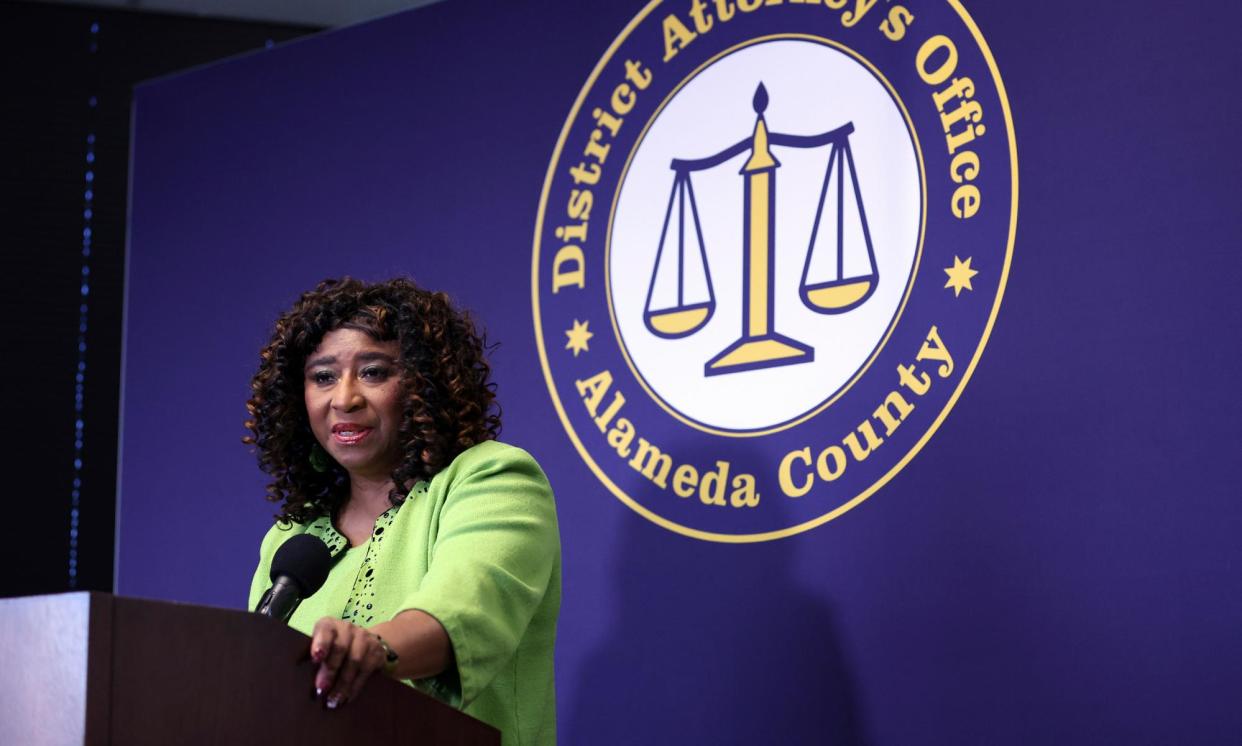 <span>Pamela Price, Alameda county district attorney, announces the charges against three officers on Wednesday in Oakland, California.</span><span>Photograph: Scott Strazzante/AP</span>