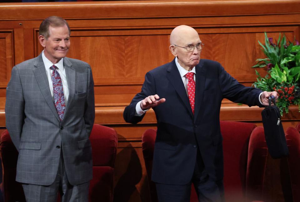 President Dallin H. Oaks and Elder Gary E. Stevenson enter the 193rd Semiannual General Conference of The Church of Jesus Christ of Latter-day Saints at the Conference Center in Salt Lake City on Saturday, Sept. 30, 2023. | Jeffrey D. Allred, Deseret News