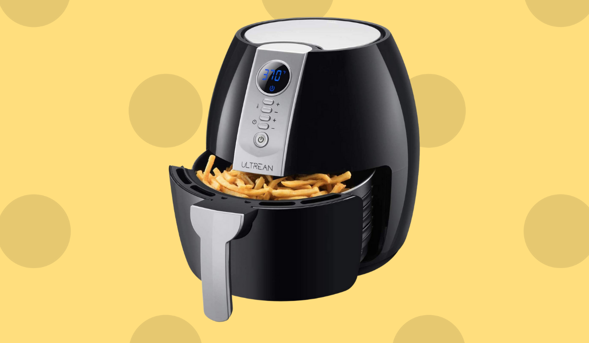 A black and silver air fryer with 