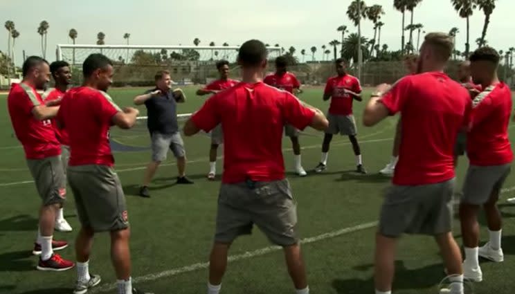 James Corden leading The Gunners through a 'Twerking' warm-up (YouTube)