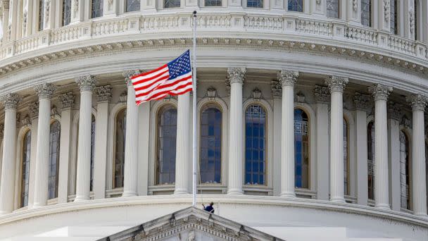 PHOTO: The flag above the U.S. Capitol is brought to half-staff in Washington, Sept. 08, 2022. (Anna Moneymaker/Getty Images)