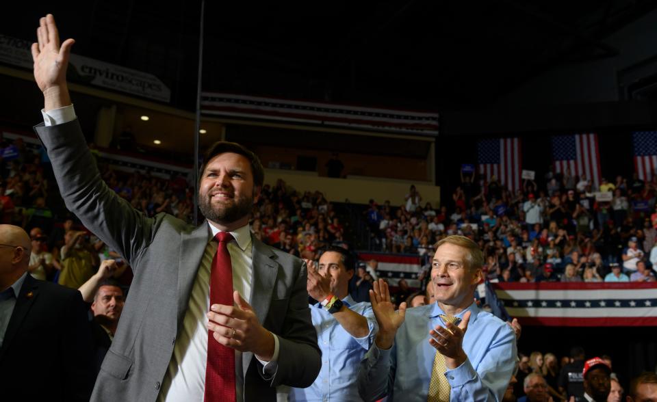 Republican Senate candidate JD Vance receives applause from the audience after being introduced by former President Donald Trump at a Save America Rally (Getty Images)