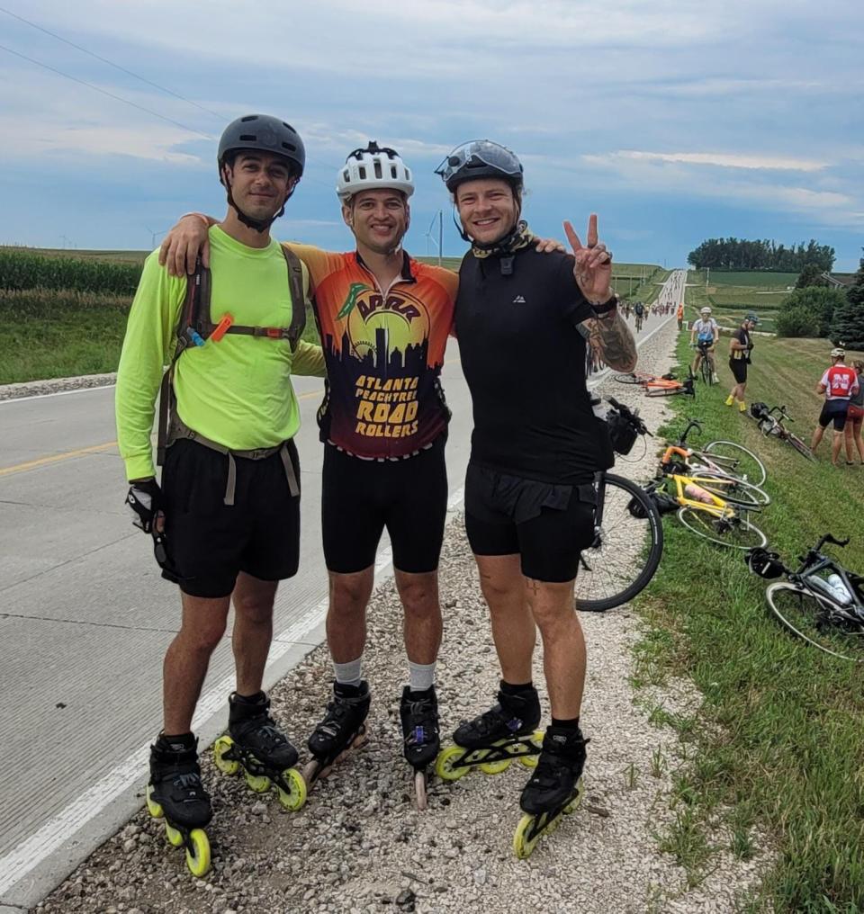 Aaron Burris-Debrosky, left, Mark Catelotti, center, and Caleb Smith are among the inline skaters RAGBRAI 2022.