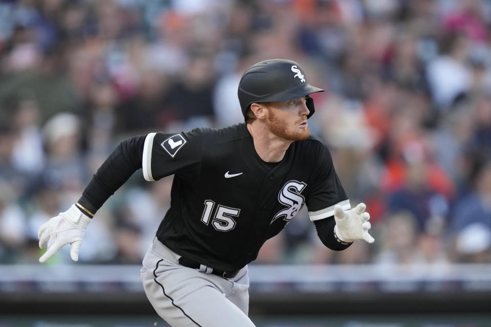 Chicago White Sox's Clint Frazier watches his triple to center during the fourth inning of a baseball game against the Detroit Tigers, Friday, May 26, 2023, in Detroit. (AP Photo/Carlos Osorio)