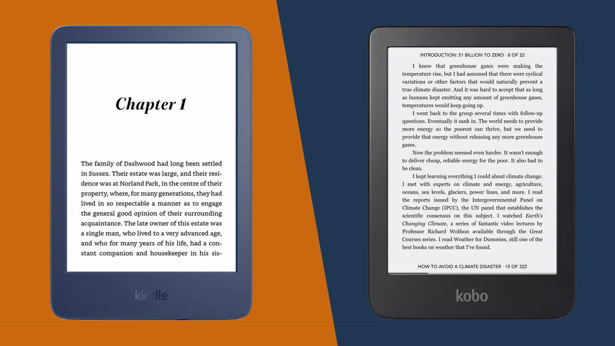  A Kindle 2022 against an orange background and a Kobo Clara 2E against a blue background 