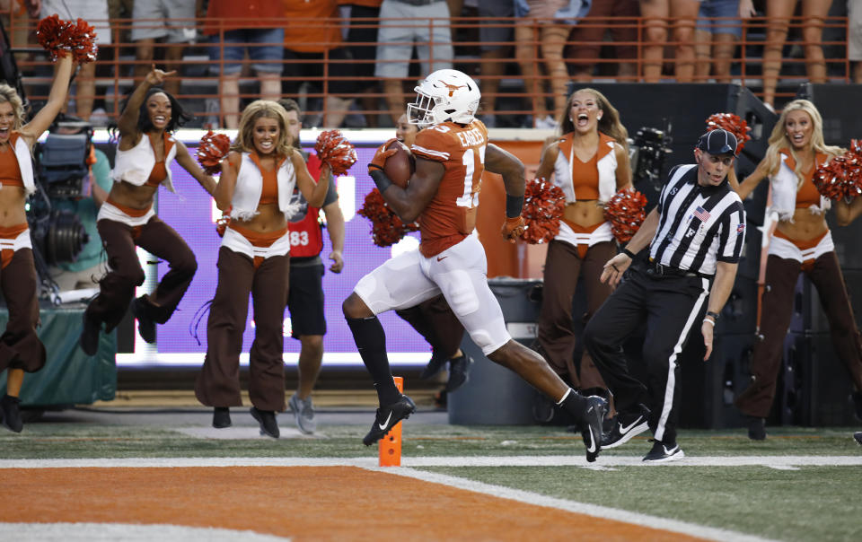 Texas Longhorns wide receiver Brennan Eagles #13 scores a touchdown against the LSU Tigers, Saturday Sept. 7, 2019 at Darrell K Royal-Texas Memorial Stadium in Austin, Tx. ( Photo by Edward A. Ornelas )