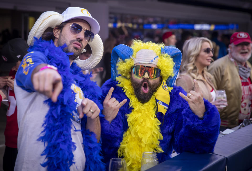 Los Angeles, CA - January 30: Rams fans rally during their 20-17 victory over the San Francisco 49ers in the NFC Championships at SoFi Stadium on Sunday, Jan. 30, 2022 in Los Angeles, CA. (Allen J. Schaben / Los Angeles Times via Getty Images)
