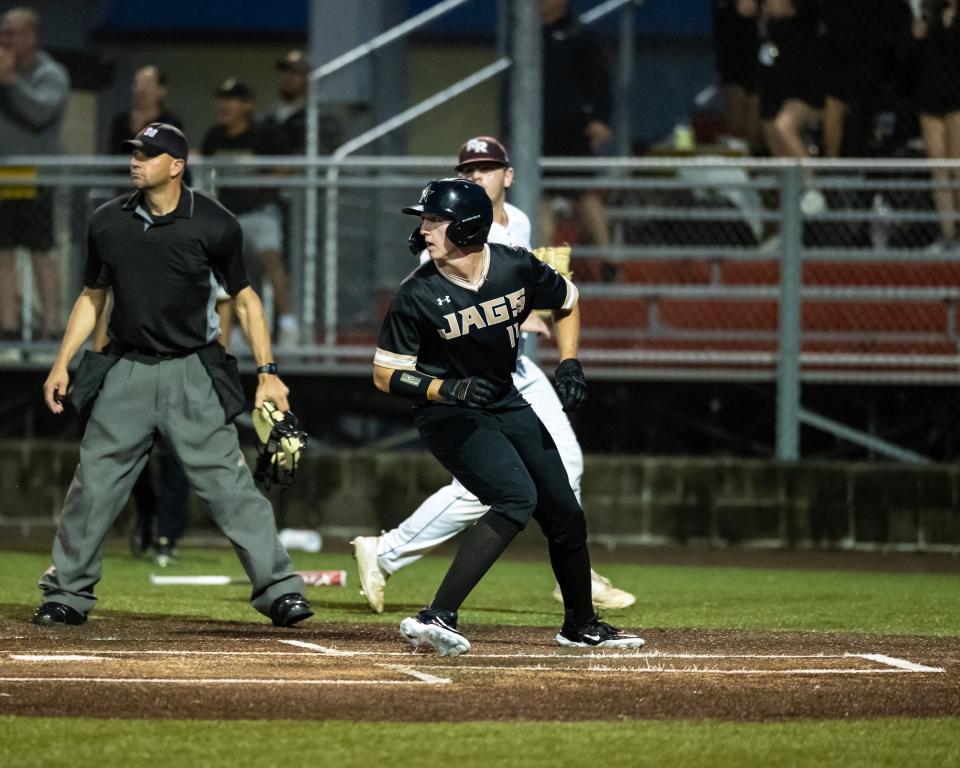 Gus Koehn comes in to score for Buda Johnson. Buda Johnson won the second game of a bi-district playoff series with Round Rock 2-1, tying the series at 1-1, at Georgetown East View on May 3, 2024.