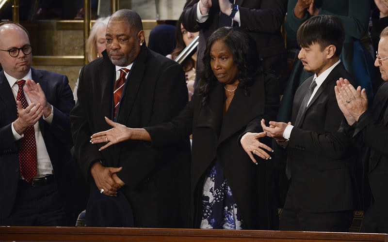 Tyre Nichols parents Rodney and RowVaughn Wells react while being introduced by President Biden as he gives his State of the Union address during a joint session of Congress on Feb. 7. <em>Bonnie Cash/UPI Photo</em>