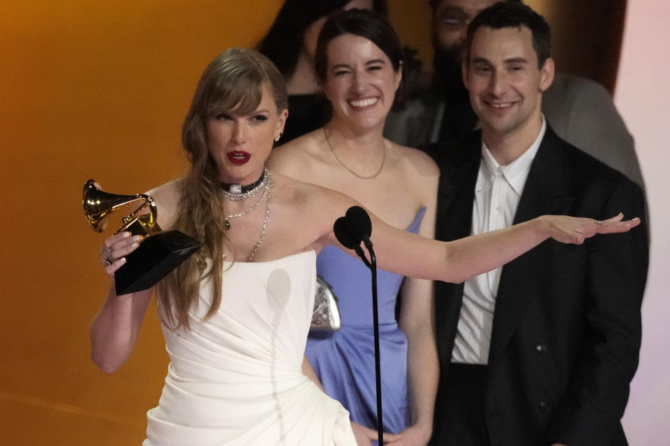 Taylor Swift accepts the award for album of the year for "MIdnights" during the 66th annual Grammy Awards on Sunday, Feb. 4, 2024, in Los Angeles. (AP Photo/Chris Pizzello)