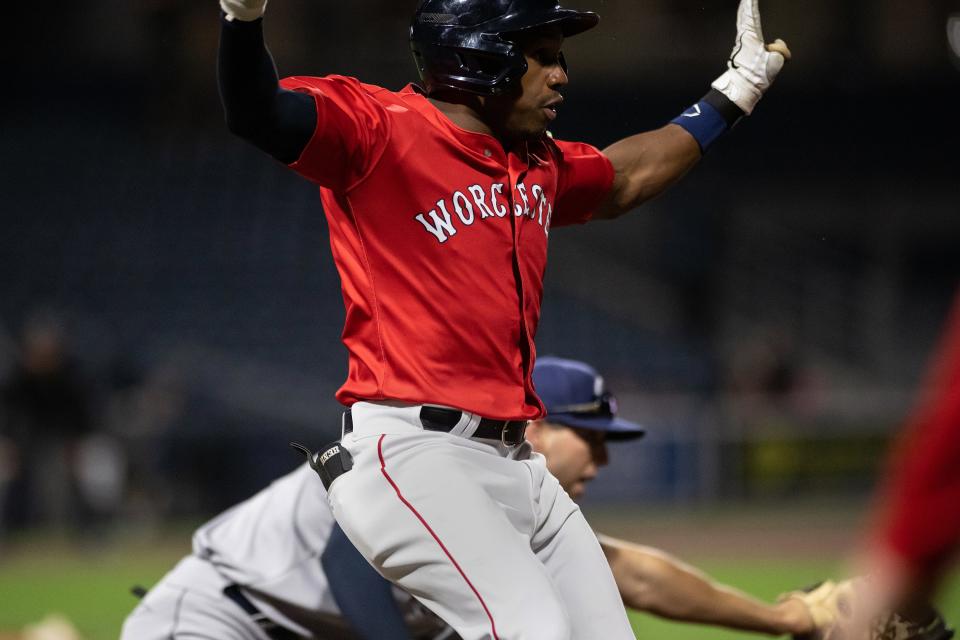 WooSox outfield Greg Allen doesn't get this call at first base after hustling down the line.