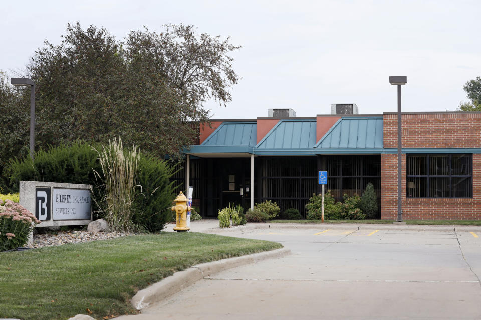 This Monday, Sept. 16, 2019, photo shows an office building in Johnston, Iowa, where the Iowa Communities Assurance Pool is staffed by employees from multiple insurance companies. Board members of the Iowa government insurance program have frequently held public meetings at posh out-of-state resorts, costing taxpayers tens of thousands of dollars while preventing them from attending, a review by The Associated Press shows. (AP Photo/Charlie Neibergall)