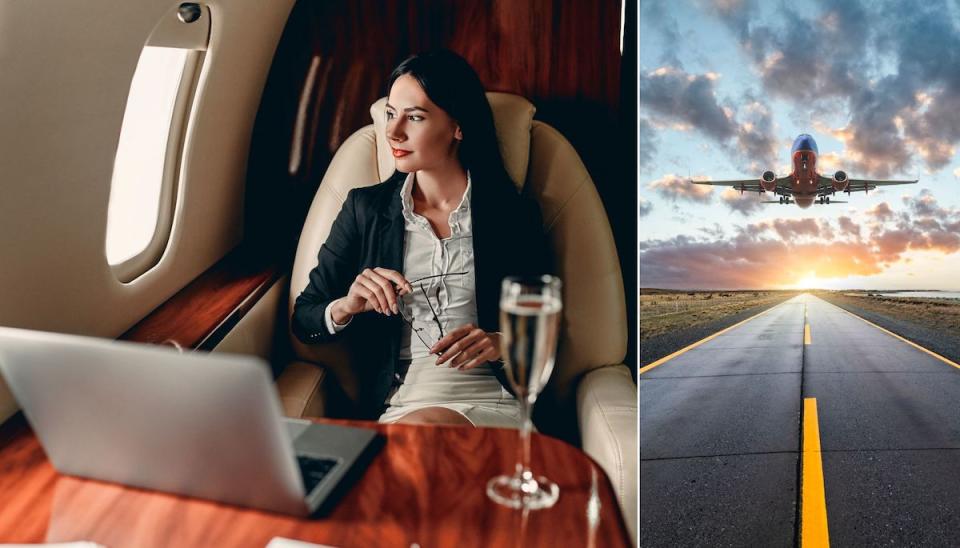 Compilation image of business woman flying in first class with a glass of champagne and laptop and an image of a airplane taking off the runway