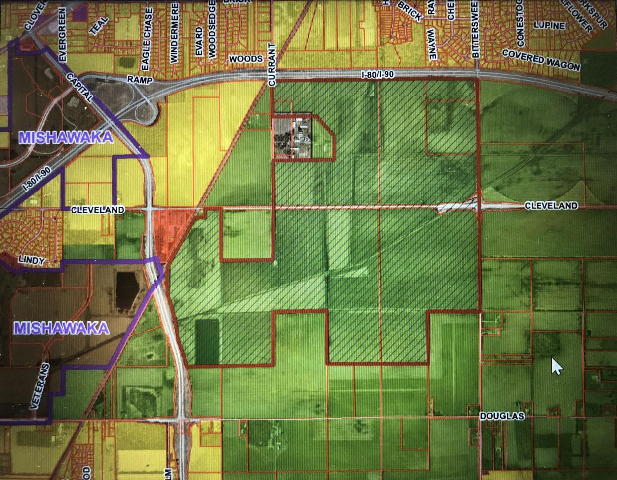 The red line shows the boundaries of more than 900 acres of farmland in Granger of the old St. Joe Farm that's being proposed for rezoning to industrial use.