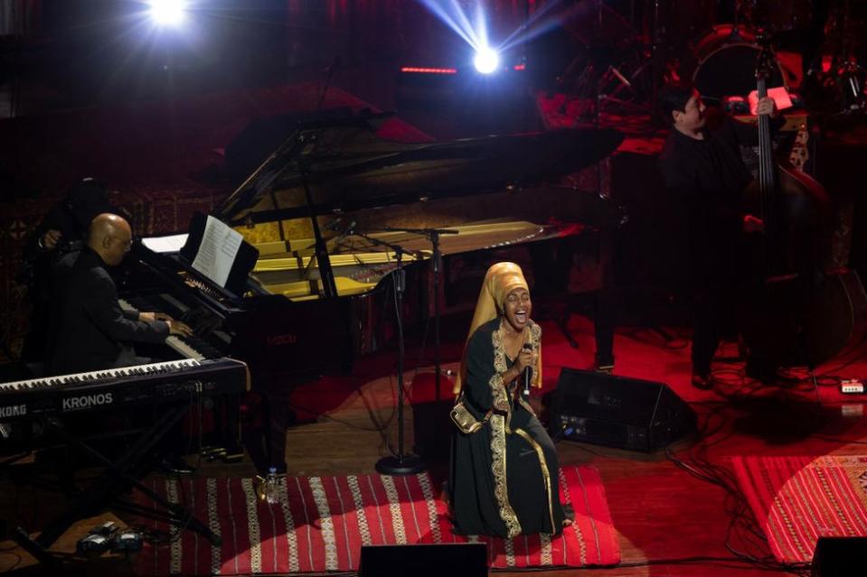 American jazz singer, Jazzmeia Horn (C) performs during International Jazz Day 2024, in Tangier.