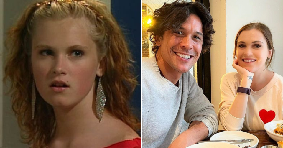 Eliza Taylor in Neighbours and with husband, fellow actor Bob Morley.