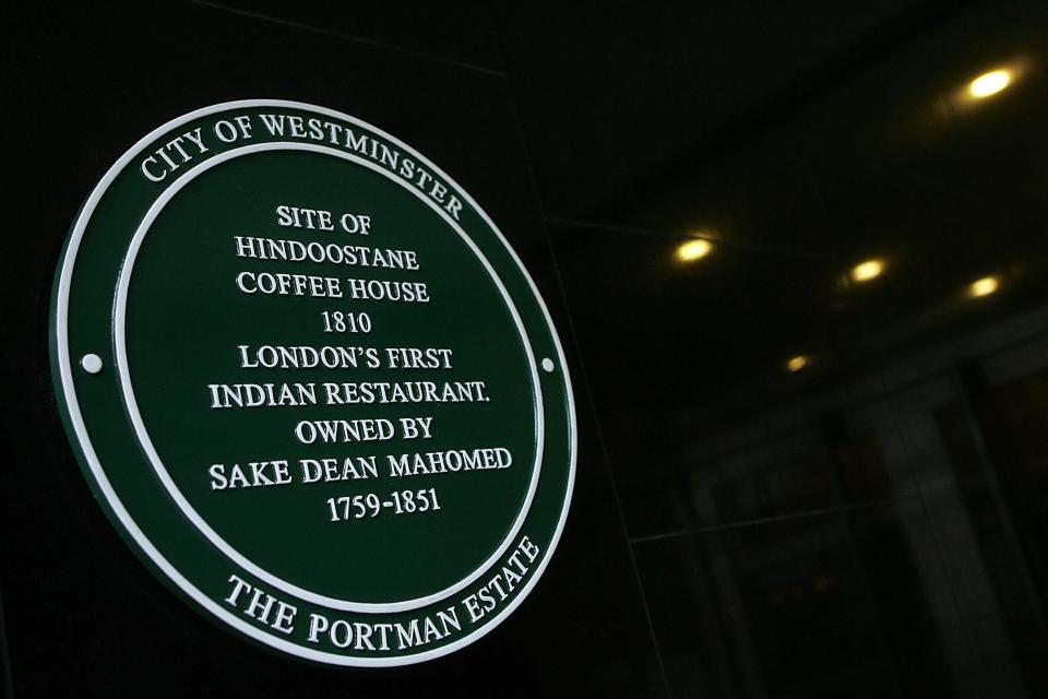 A plaque honouring the Hindosstane Coffee House, the first Indian restaurant in Britain (AFP/Getty Images)