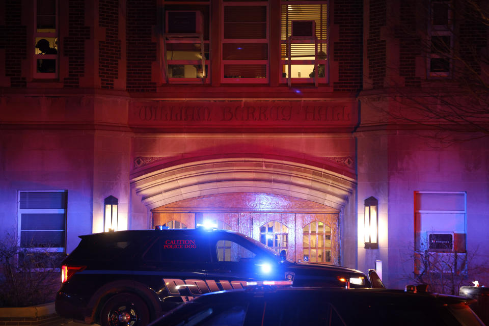 Police investigate the scene of a shooting at Berkey Hall on the campus of Michigan State University, late Monday, Feb. 13, 2023, in East Lansing, Mich. (AP Photo/Al Goldis)