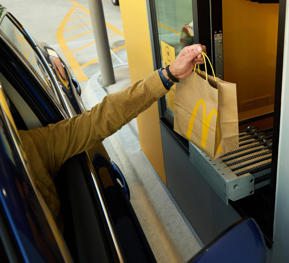 The Order Ahead Lane's conveyor belt in action at the McDonald's concept location in Fort Worth, Texas. (Courtesy McDonald's)