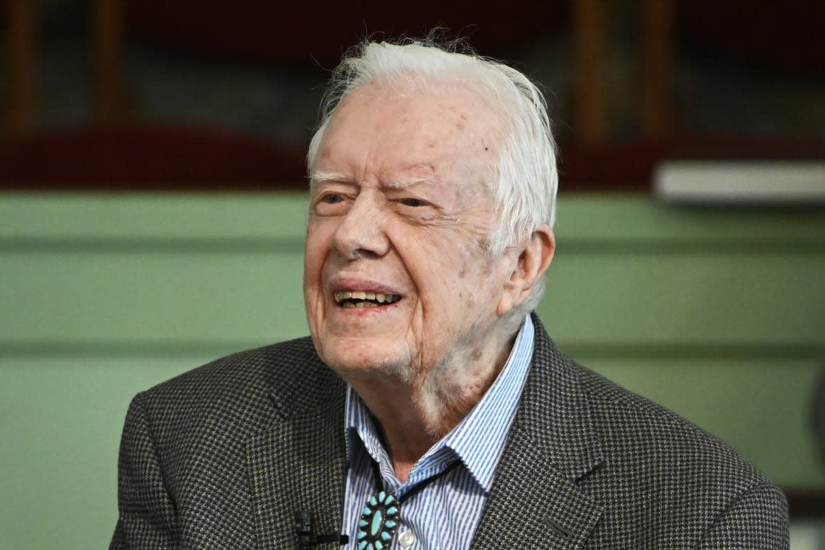 In this Nov. 3, 2019 file photo, former President Jimmy Carter teaches Sunday school at Maranatha Baptist Church in Plains, Ga. The Carter Center says Carter has entered home hospice care, Saturday, Feb. 18, 2023. The foundation created by the 98-year-old former president says that after a series of short hospital stays, Carter “decided to spend his remaining time at home with his family and receive hospice care instead of additional medical intervention.” (AP Photo/John Amis, File)