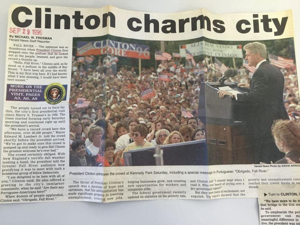 On Sept. 28, 1996, President Bill Clinton chooses Kennedy Park to make a campaign stop and endorse local Democrats for the upcoming election. He greeted the crowd with a hearty "Obrigado Fall River!" and after a 20-minute speech worked his way into the crowd.
"I have been all over the world, This is my first trip here. If I had known what I was missing, I would have been here sooner," Clinton said.