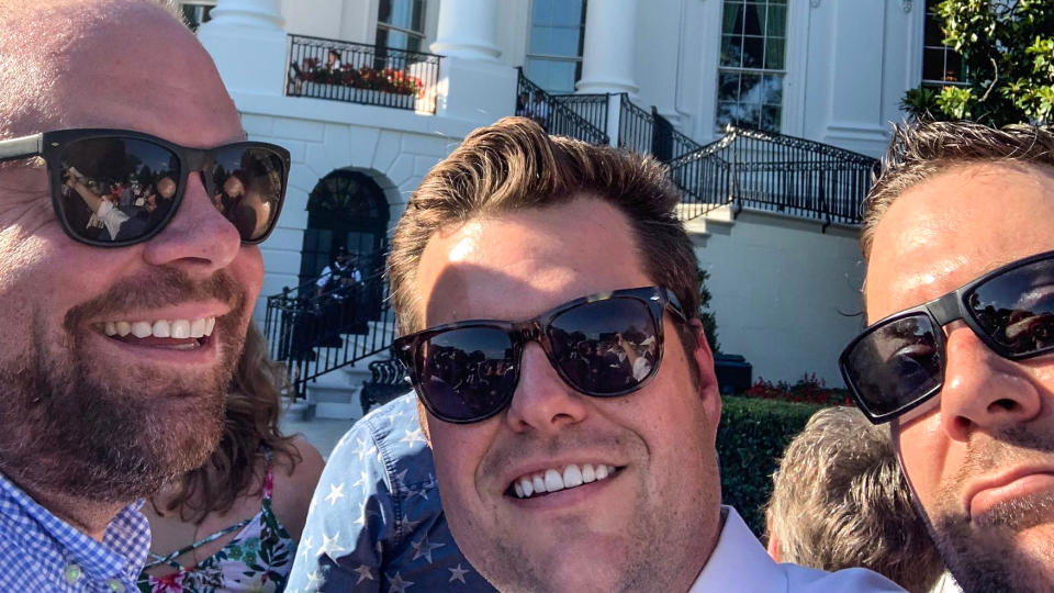 From left, Chris Dorworth, Rep. Matt Gaetz and then-Seminole County Tax Collector Joel Greenberg pose together outside the White House during a visit in 2019. (Orlando Sentinel via Getty Images file)