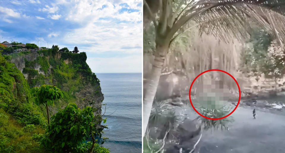 The Bali temple and steep cliff with the beach below. A rescuer discovering Maximillian's body at the bottom of the cliff in brush