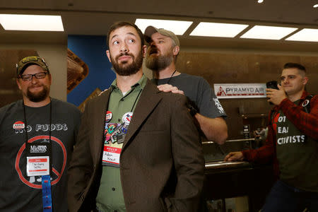 Gun rights proponent Adam Kraut, speaks to NRA members about his candidacy for a seat on the board of the National Rifle Association (NRA) at the organisation's convention in Dallas, Texas, U.S., May 5, 2018. REUTERS/Lucas Jackson