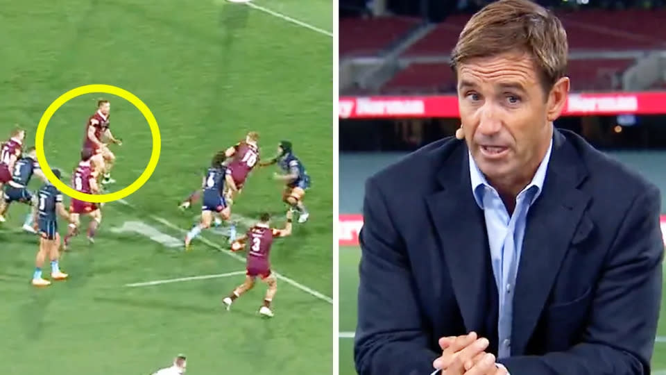 On the right, New South Wales legend Andrew Johns discusses the State of Origin opener.