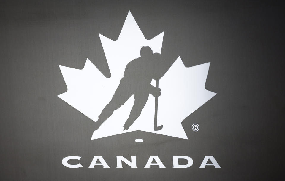 FIEL - A Hockey Canada logo is displayed on a door at the organization's head office in Calgary, Alberta, Thursday, Jan. 11, 2024. Hockey is bracing for the next development in a scandal that has rocked the sport and led to multiple investigations into the actions of several prominent NHL players who were on Canada's gold-medal winning 2018 world junior team. Police in London, Ontario, scheduled a news conference for Feb. 5, 2024, to provide details about its sexual assault investigation involving members of Canada's world junior team. (Jeff McIntosh/The Canadian Press via AP, File)