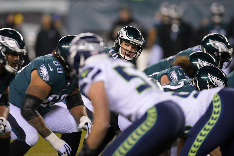 Philadelphia Eagles' Josh McCown plays during the first half of an NFL wild-card playoff football game against the Seattle Seahawks, Sunday, Jan. 5, 2020, in Philadelphia. (AP Photo/Chris Szagola)