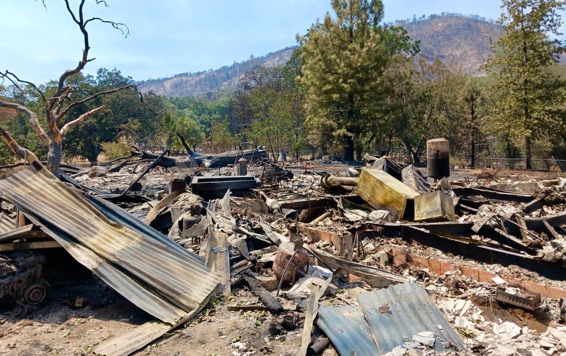 A home destroyed by the 2022 Oak Fire at the Rocking Lazy DJ Bar Ranch off Triangle Road, east of Mariposa.