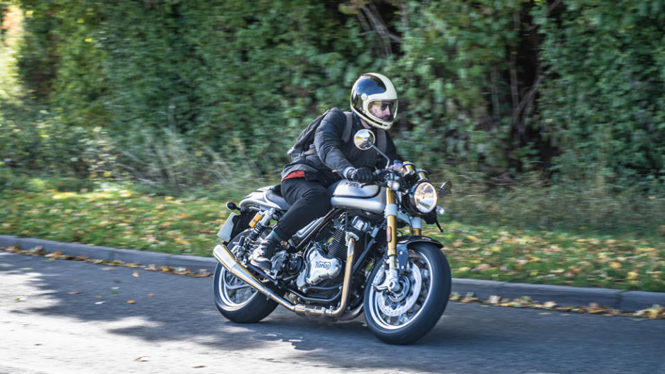 Riding the Norton Commando 961 CR motorcycle.