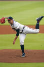 Atlanta Braves starting pitcher Tucker Davidson works in the first inning of a baseball game against the Philadelphia Phillies, Monday, May 23, 2022, in Atlanta. (AP Photo/John Bazemore)