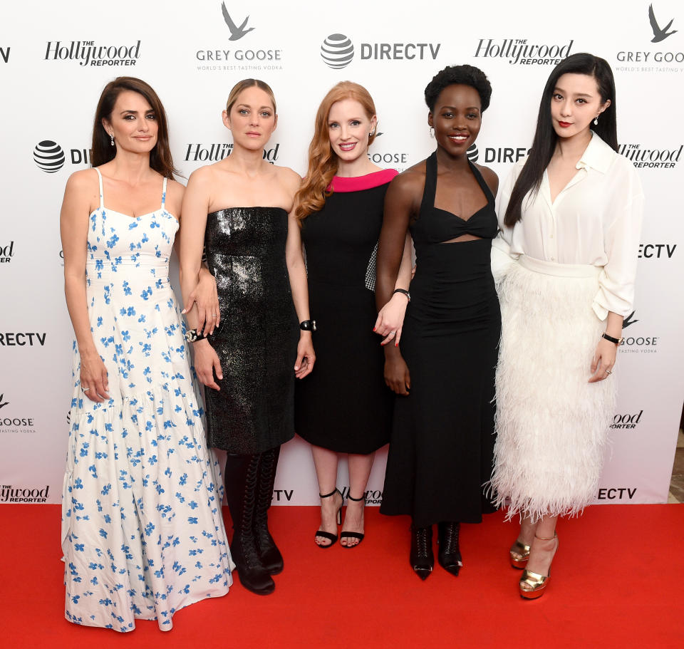 Penelope Cruz, Marion Cotillard, Jessica Chastain, Lupita Nyong’o, and Fan Bingbing at the <em>355</em> cocktail party in Cannes, France, on May 10, 2018. (Photo: Nicholas Hunt/Getty Images for The Hollywood Reporter)