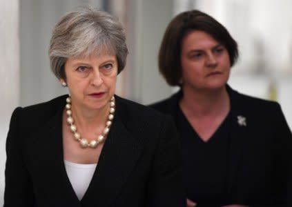 Britain's Prime Minister Theresa May and Arlene Foster, the leader of the Democratic Unionist Party (DUP) visit Belleek Pottery, in St Belleek, Fermanagh, Northern Ireland, July 19, 2018. REUTERS/Clodagh Kilcoyne/Pool