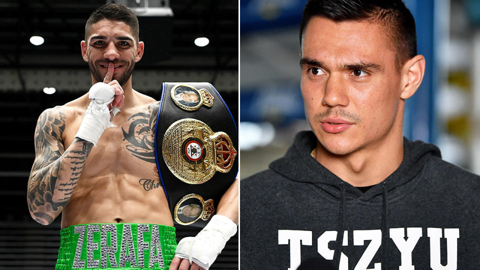 Seen on the right, Tim Tszyu with Michael Zerafa on the left after beating Anthony Mundine.