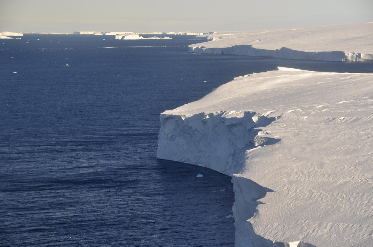 This 2020 photo provided by the British Antarctic Survey shows the Thwaites glacier in Antarctica. Starting Thursday, Jan. 6, 2021, a team of scientists are sailing to the massive but melting Thwaites glacier, “the place in the world that’s the hardest to get to,” so they can better figure out how much and how fast seas will rise because of global warming eating away at Antarctica’s ice. (David Vaughan/British Antarctic Survey via AP)