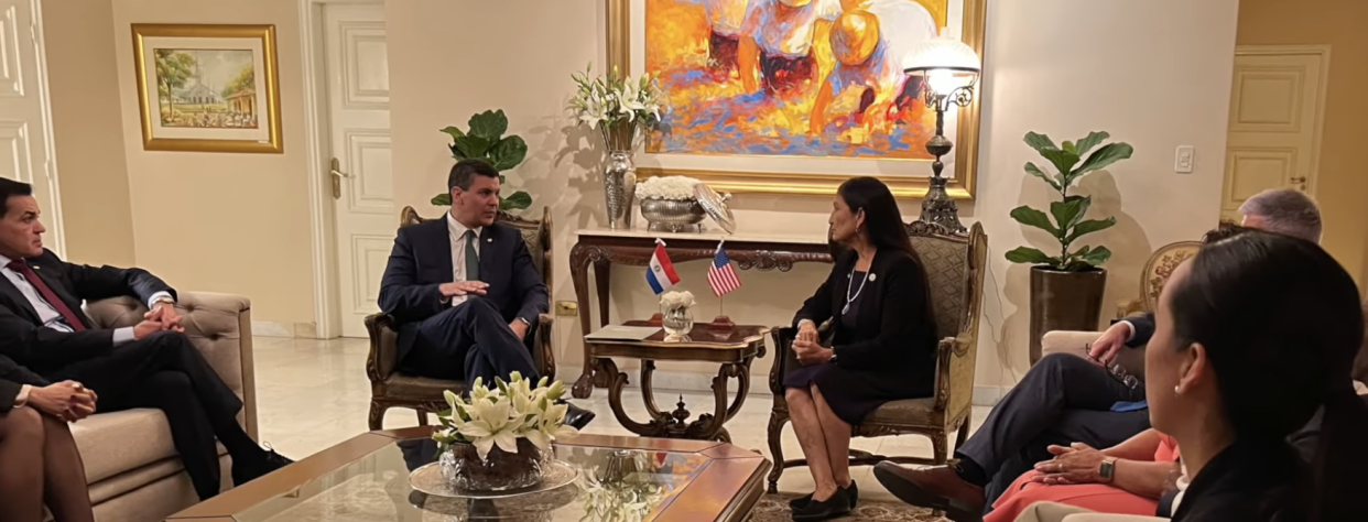 Paraguay President Santiago Peña meets with Sec. Deb Haaland, who headed the United States inauguration delegation. (Photo/U.S. Dept. of the Interior)