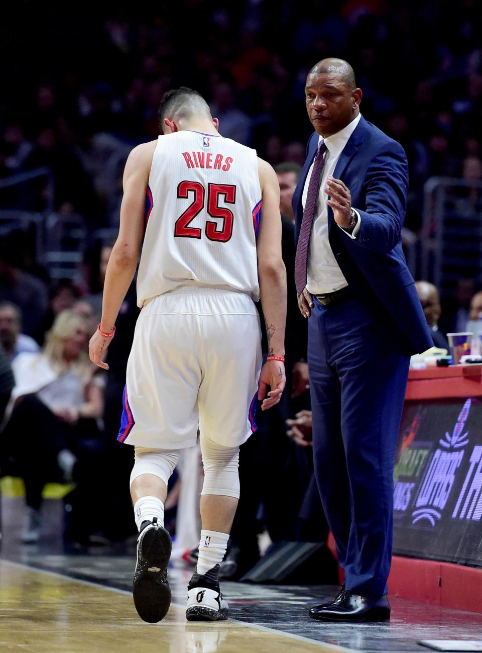Los Angeles Clippers coach Doc Rivers reacts as Austin Rivers leaves the court after suffering a hamstring injury during the first half against the Wizards on March 29, 2017. (Harry How/Getty Images)