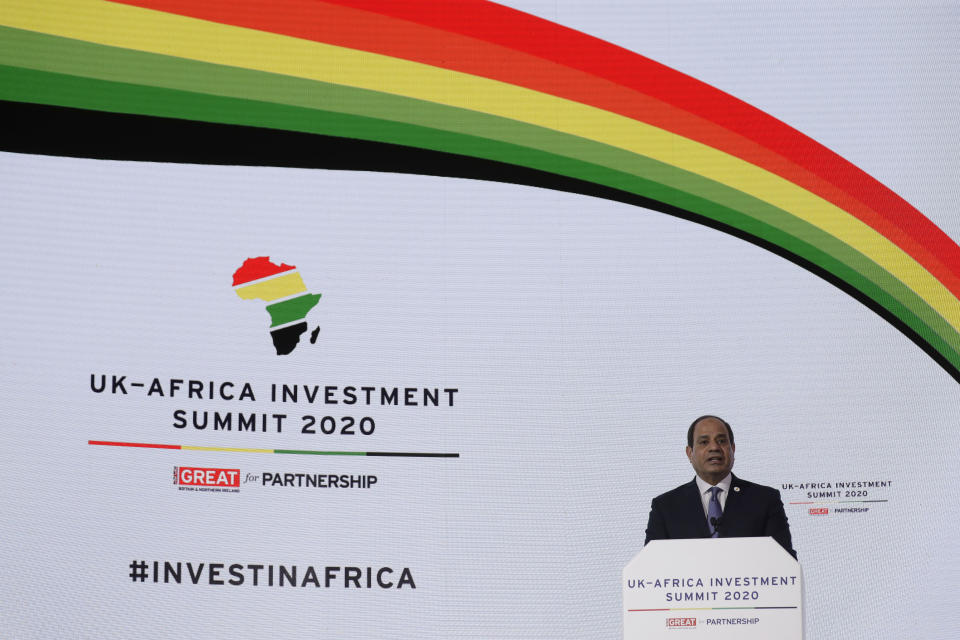 Egyptian President Abdel Fattah el-Sisi delivers a speech during the Opening Plenary session of the UK Africa Investment Summit in London, Monday, Jan. 20, 2020. Johnson is hosting African leaders, businesses and international institutions at the one-day summit in London. The event is taking place as Britain prepares for post-Brexit negotiations with countries around the world. (AP Photo/Matt Dunham, Pool)