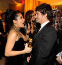 Salma Hayek and Orlando Bloom attend the 2013 Vanity Fair Oscar Party hosted by Graydon Carter at Sunset Tower on February 24, 2013 in West Hollywood, California.