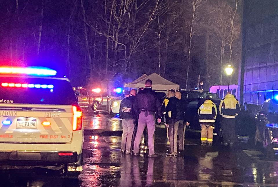 A command post is set up in the parking lot of an office building on King Street in Armonk as crews search for a missing plane in the area of the Kensico Reservoir Jan. 19, 2023. 